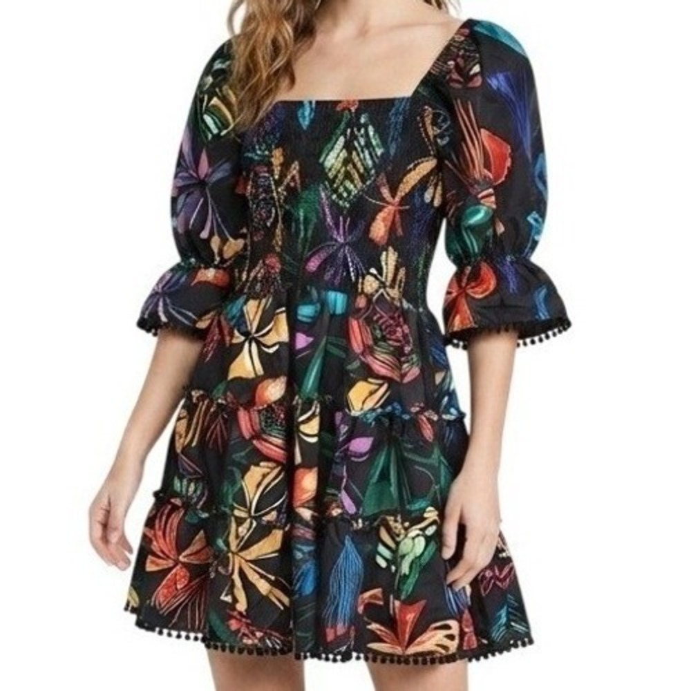 Kaimilan Women Size 8 Black Tropical Smocked Aline Squareneck Pom Pom Mini Dress